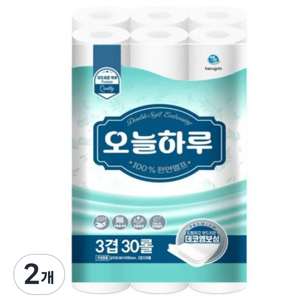 오늘하루 100% 천연펄프3겹 화장지 30m 30롤, 30m, 30개입, 2개 24,960원