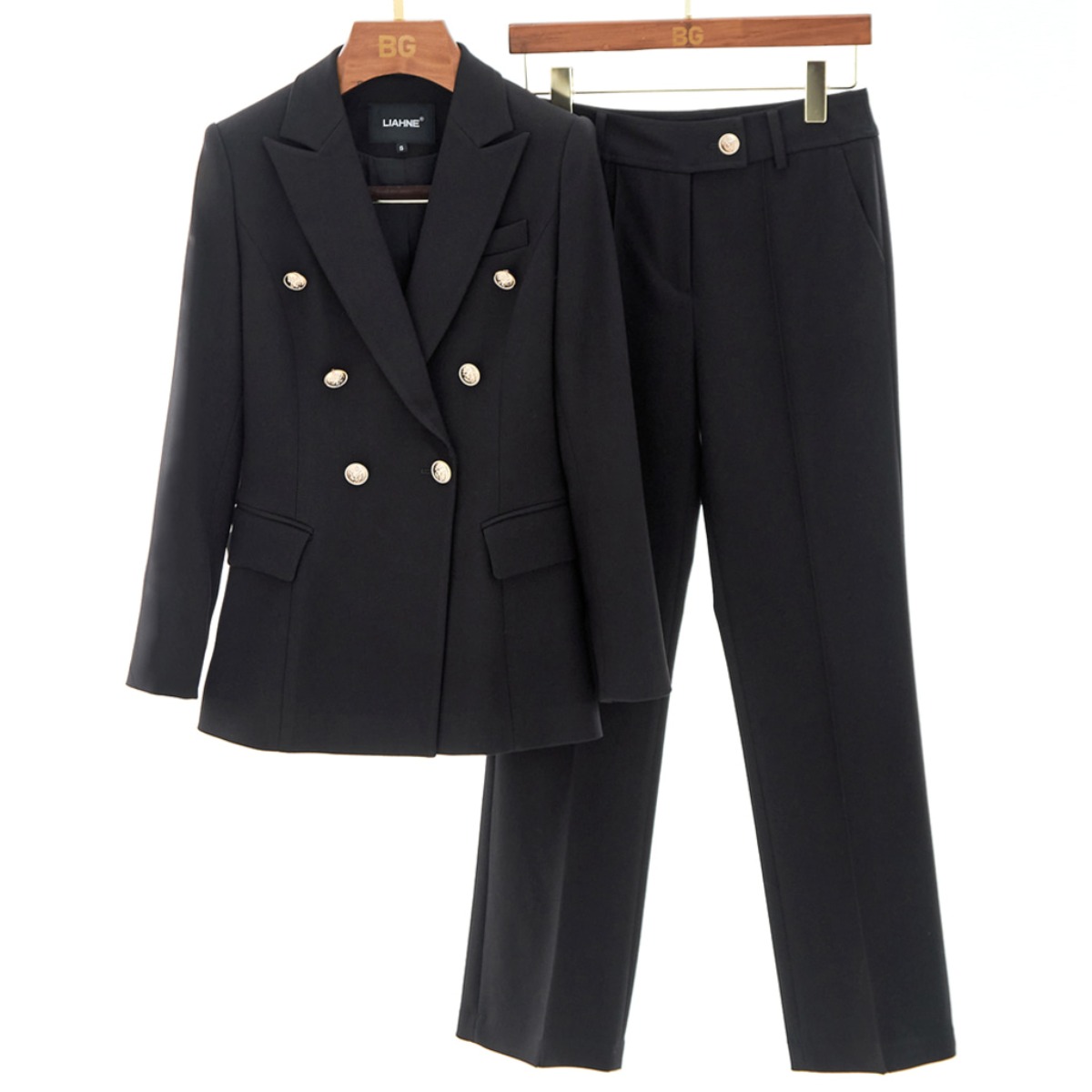 블랙 정장 세트 여성 슬림핏 스판 셋업 자켓 팬츠 금장버튼 하객룩 오피스룩 128,000원