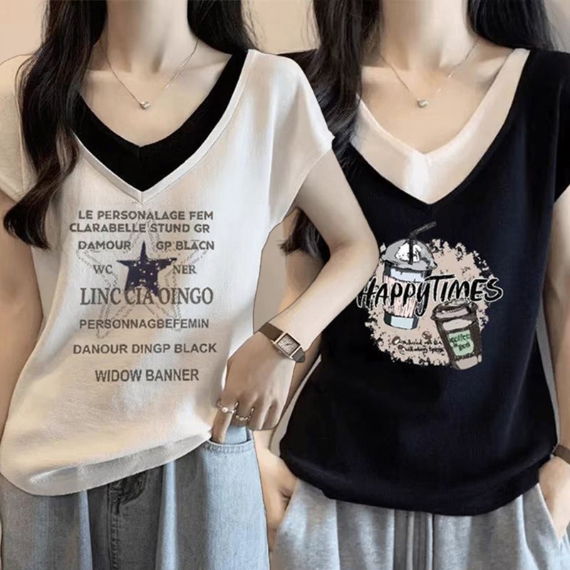 2장세트 레이어드 반팔티셔츠 데일리 날씬해보이는 브이넥 반팔티 빅사이즈 M-3XL 반팔 영문티 프린팅 여름티 18,900원