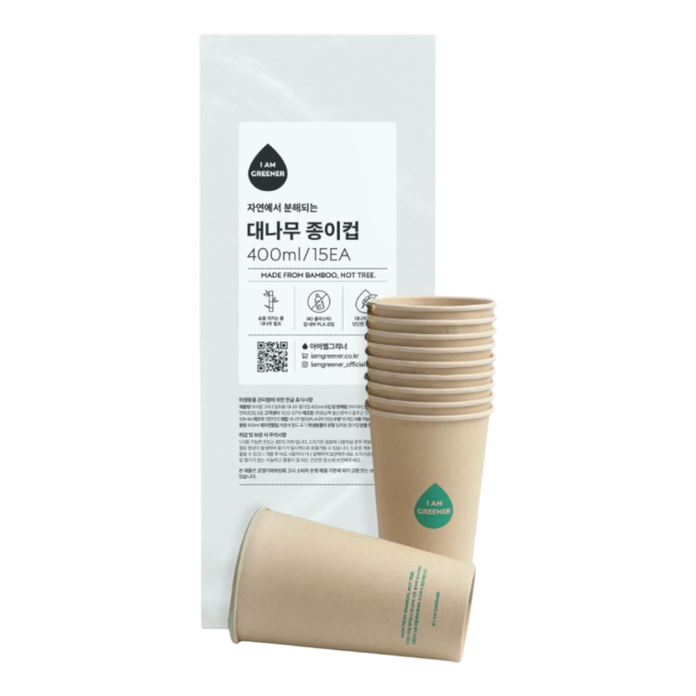아이엠그리너 친환경 대나무 테이크아웃 카페 종이컵 400ml 16온스 소분포장, 1개, 15개입 7,040원