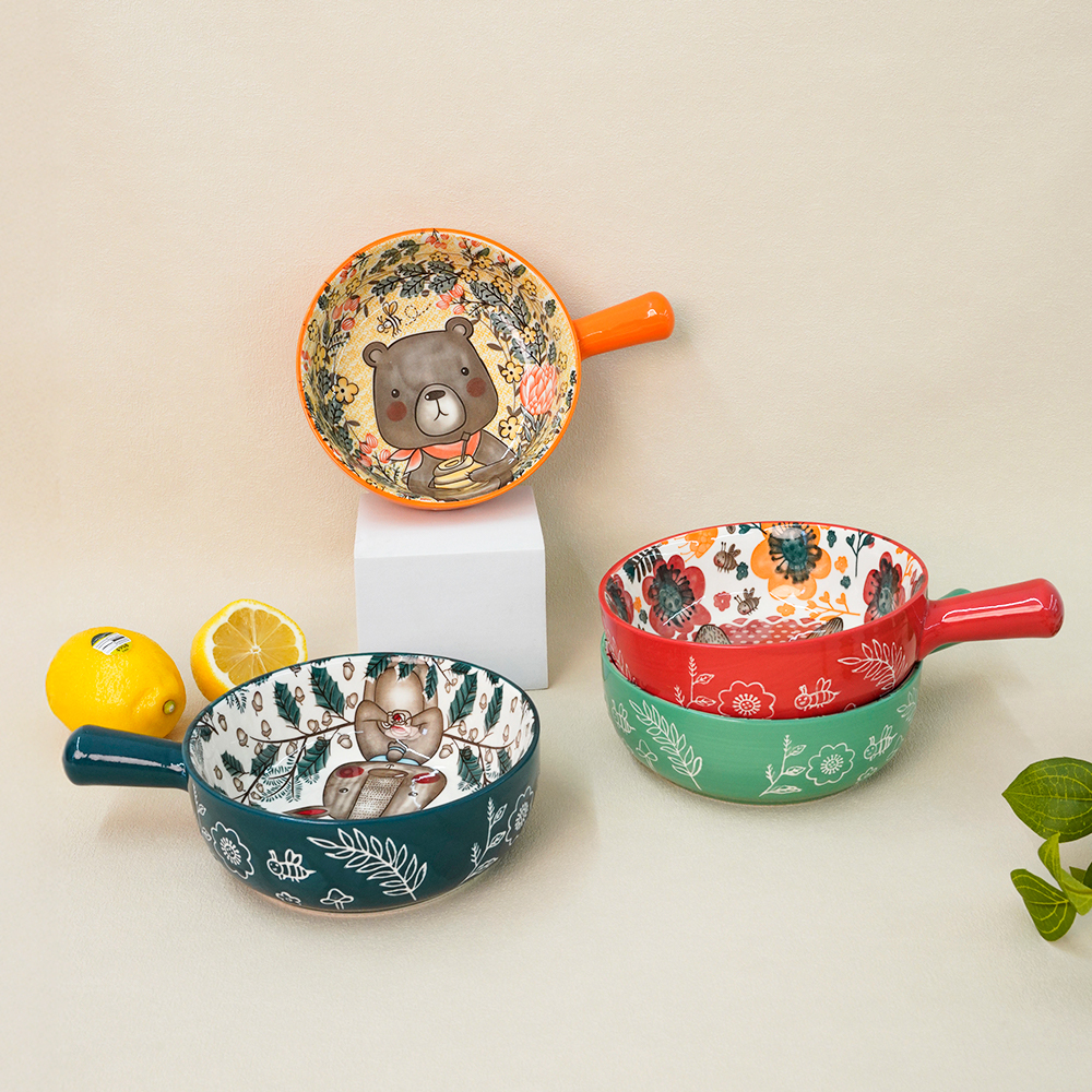 인블룸 노르딕 세라믹 손잡이 플레이팅 그릇 4종 세트, 그린 토끼, 네이비 사슴, 레드 여우, 오렌지 곰, 1세트 37,900원