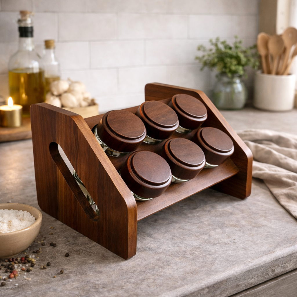 씨스앤홈 빈티지 감성 고무나무 원목 소스통 6구 세트 유리 조미료통 양념통6개 받침대1개 1세트, 양념병6개+받침대1개, 1세트 33,900원