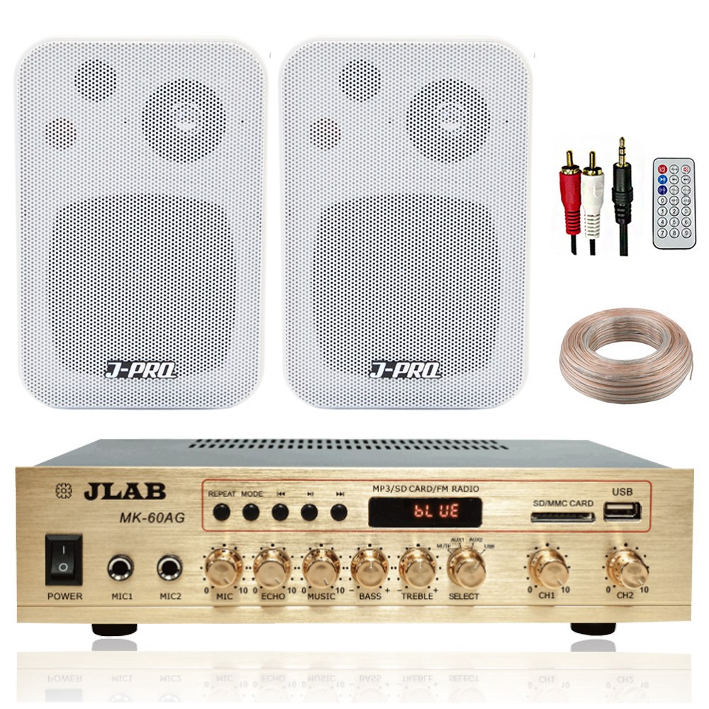 JLAB 블루투스 매장용 카페 매장 업소용 벽걸이 미니 앰프 스피커 2개+리모콘+PC선 1.5M+스피커케이블 20M 118,000원