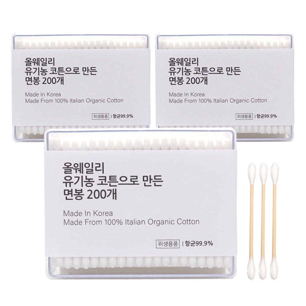 올웨일리 국산 오가닉 면봉 이탈리아 코튼, 3개, 200개입 7,000원