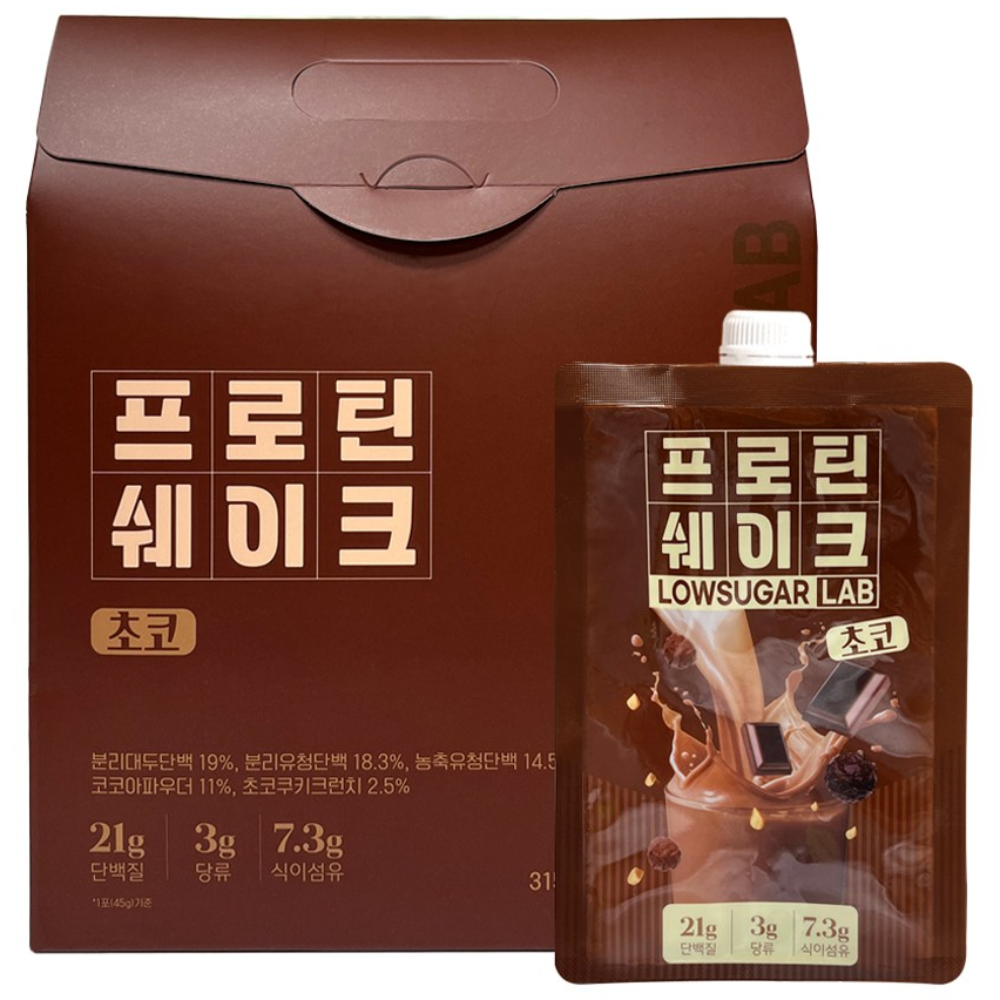 [로우슈가랩] 저당 단백질 쉐이크 파우치 초코맛 45g x 7팩, 1개, 7회분 18,900원