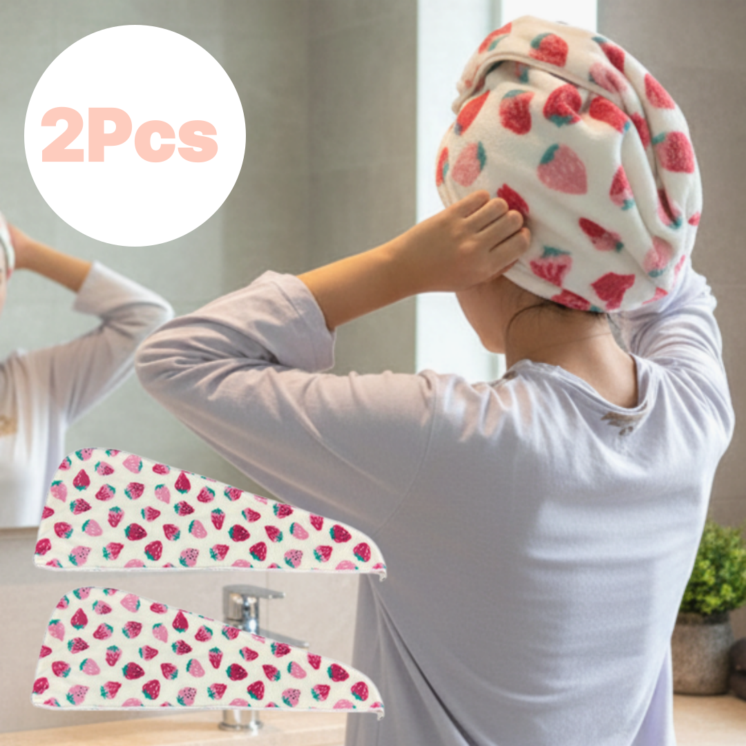 여성 머리수건 헤어타올 극세사 흡수력 좋은 딸기 패턴 드라이헤어캡 2P세트 9,900원