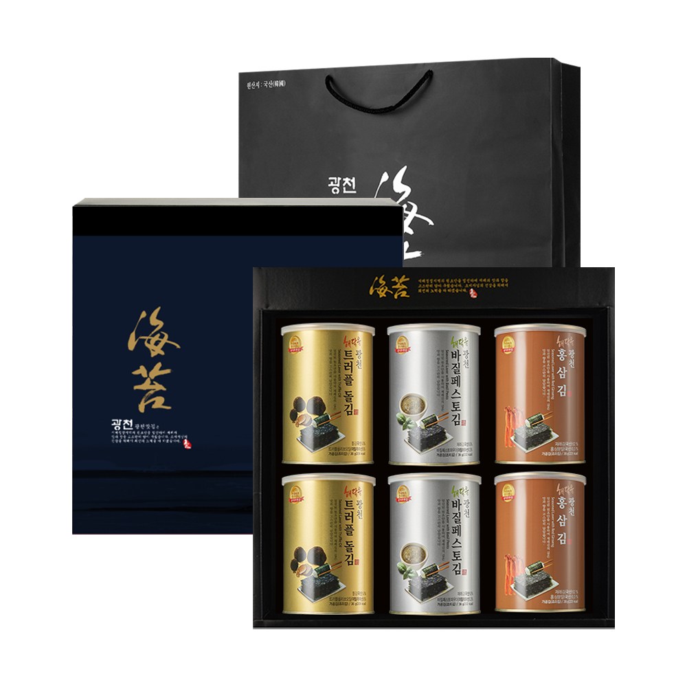 광천 해달음 명품 트러플 바질페스토 아보카도유 홍삼 재래김 돌김 도시락김 캔김 + 고급쇼핑백포함, 6개 39,800원