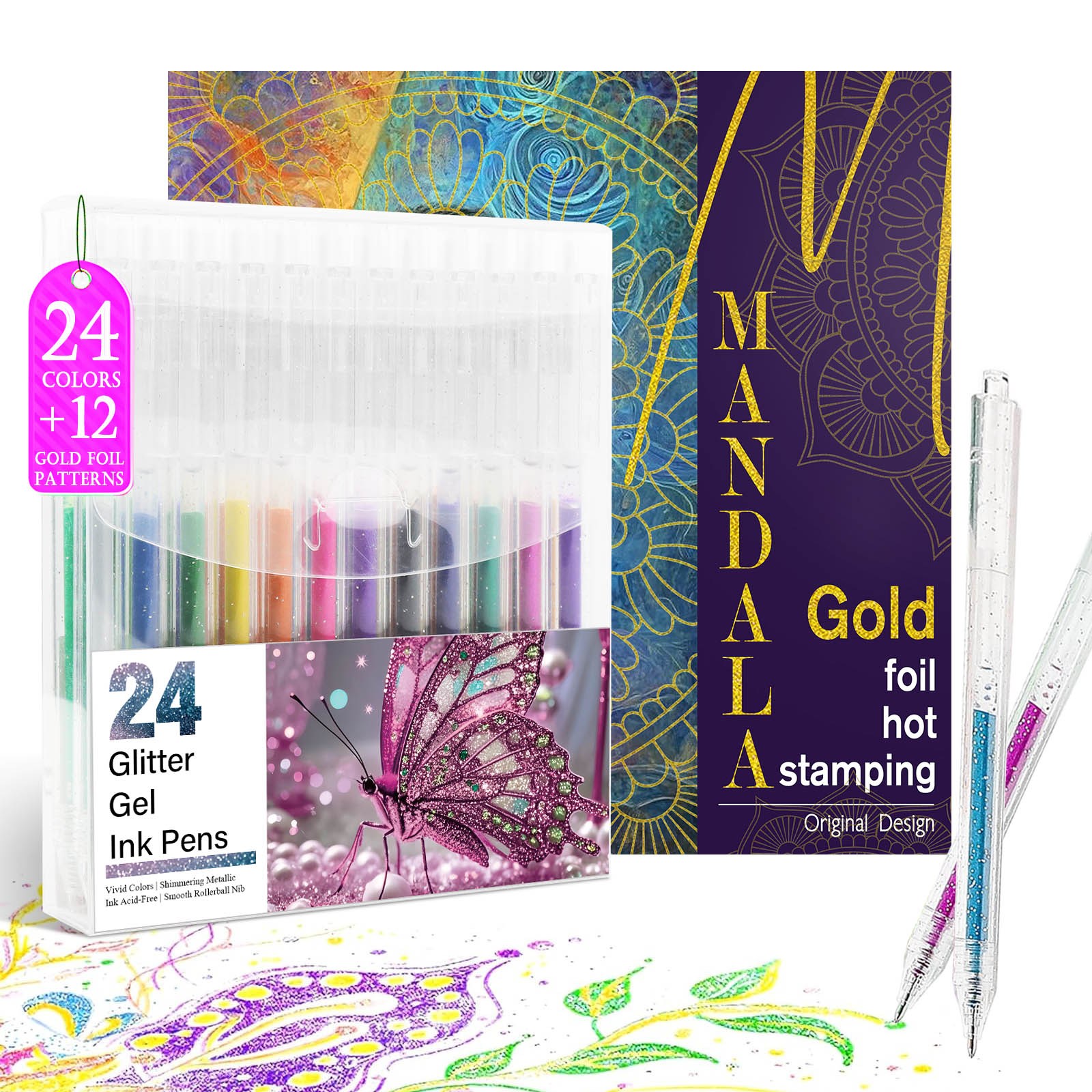 24개의 글리터 젤펜이 포함된 포일 골드 만다라 색칠북, Mandala, 그림을 그리다 44,000원