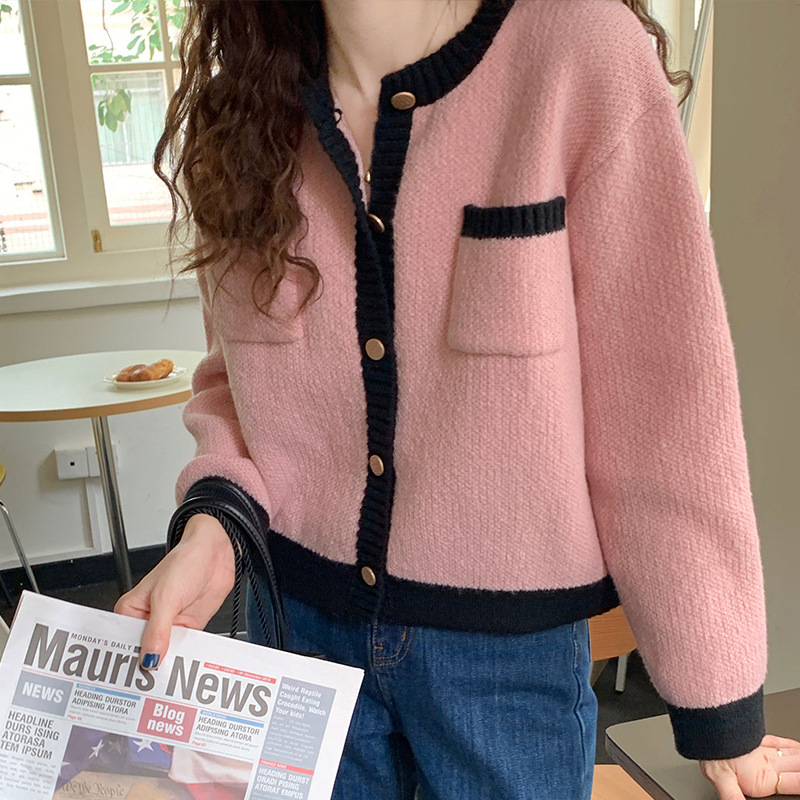 피어니스트 여성용 배색 포켓 짧은 니트 가디건 22,900원