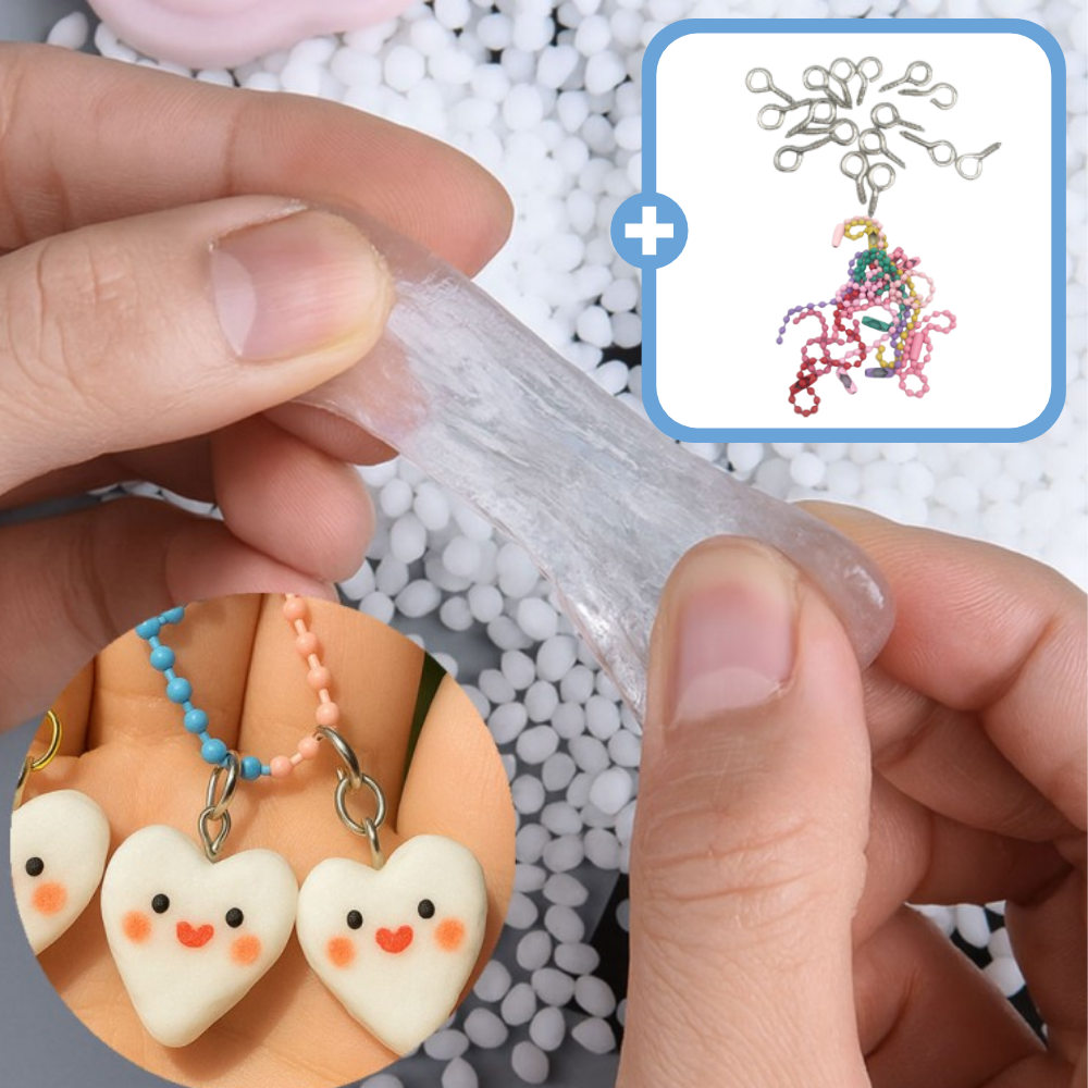KC인증 물에 녹는 플라스틱 물라스틱 젤리플라 어린이 키링만들기 100g 세트, 1세트, 화이트 100g+구슬체인10ea+9자핀10ea 14,500원
