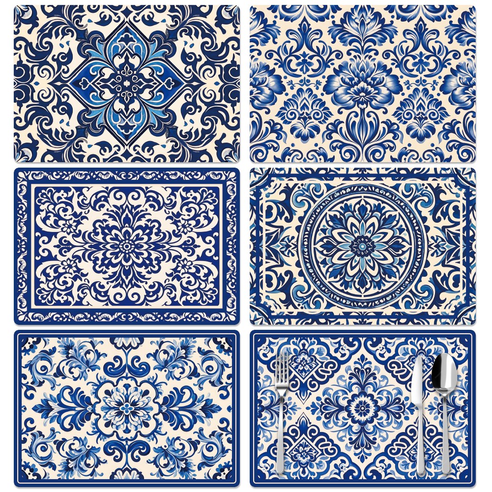 직사각형 식탁 매트 세트 6가지 디자인 플라스틱 덮개 테이블보 30x43cm 6개, 블루 플로럴 18,500원