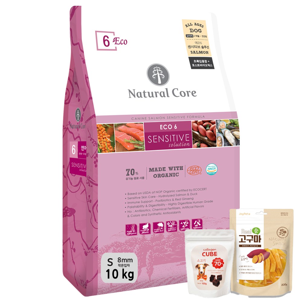 네츄럴코어 에코6 센시티브솔루션 연어 작은입자 10kg+리얼고구마200g+보노간식100g 식이알러지 애견사료, 10kg, 1개, 가수분해연어 98,800원