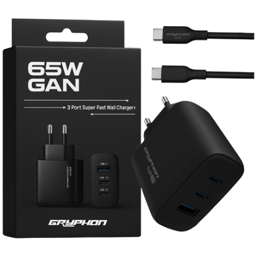 GRYPHON GaN 65W 멀티 충전기 3포트 PD PPS 초고속 C타입 노트북 충전 케이블 포함, 1개, 블랙 18,900원