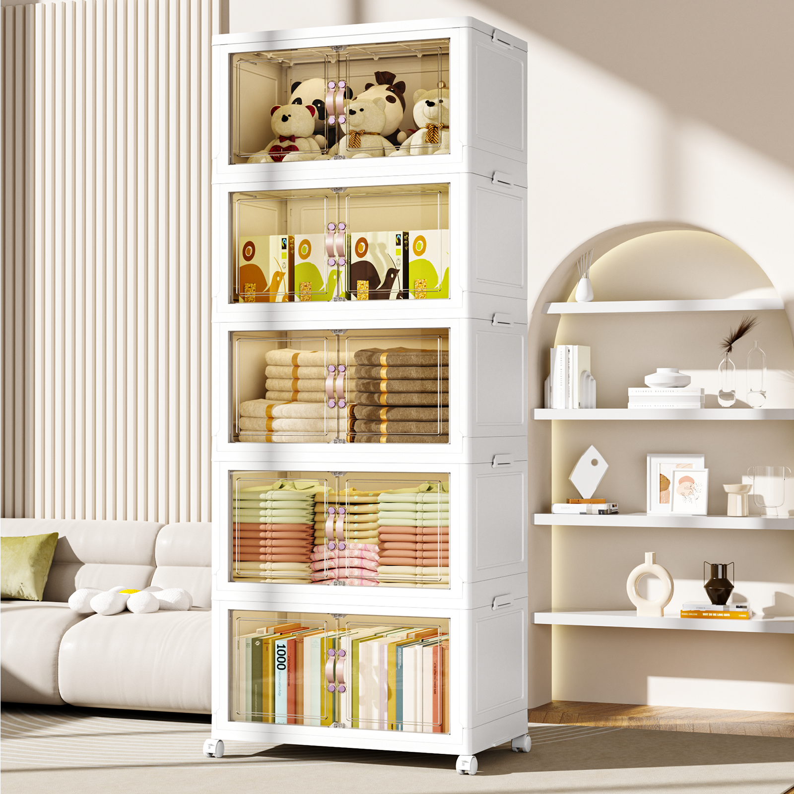 kipnos 폴딩 대용량 리빙박스 수납박스 대형 가정용 거실 장난감 사물함 간식 선반 옷정리함 수납장 대용량 수납 정리함 접이식 보관함 다용도 수납함 플라스틱 수납함 리빙박, 5개, 반투명, 현재가 38,000원