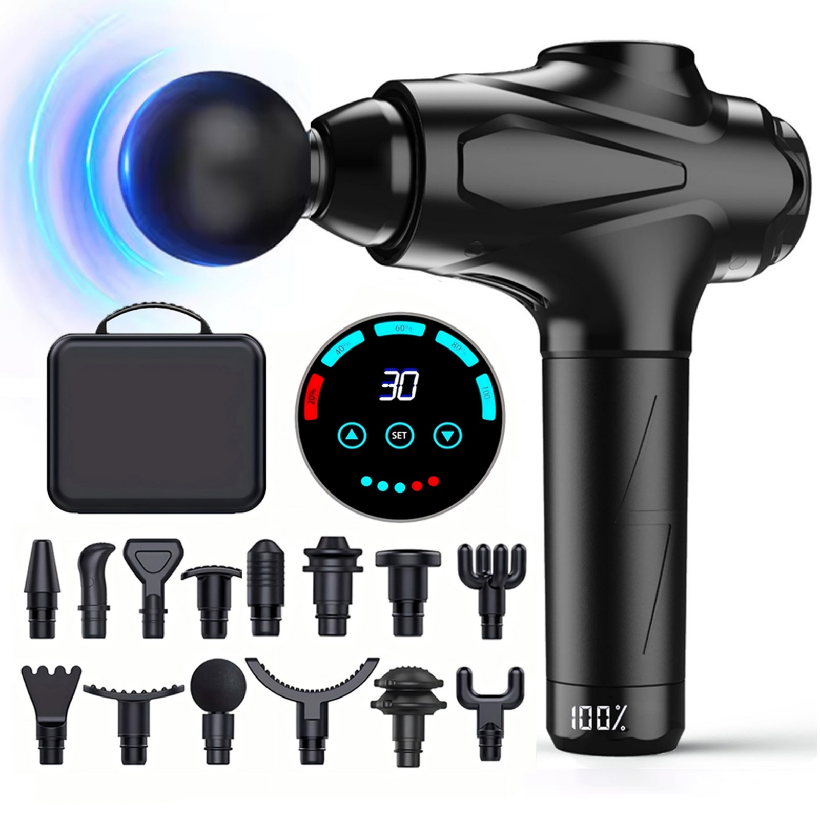 SORUDEL 심층 조직 마사지 총, 14 개의 마사지 헤드, 휴대용 전기 근육 마사지기, 고출력 근막 총, USB 급속 충전, 30 단 속도 조절, 터치 LCD, 손가방, 블랙 80,000원