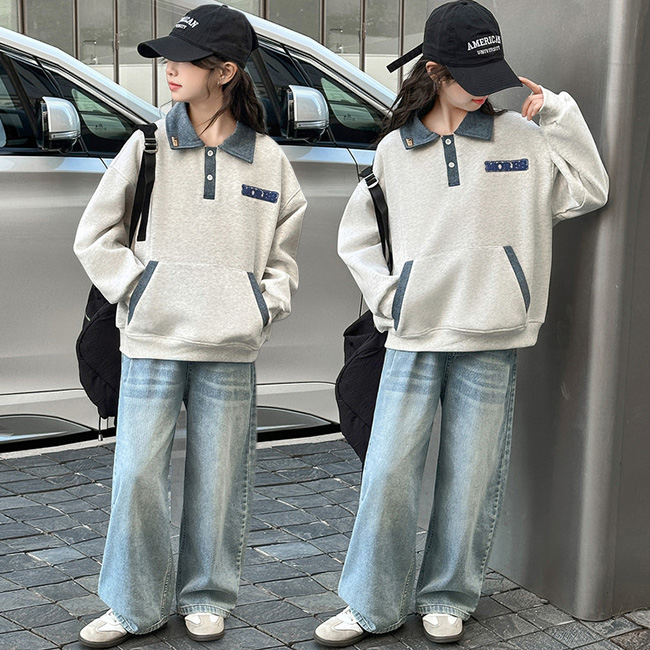 나나키즈 여아 신상 MORES 영문 자수 데님 포인트 카라티 초등생 긴팔 상의 초중생 하의 긴바지 주니어 세트 봄 가을 초등생 상의+하의 (R183) 46,800원