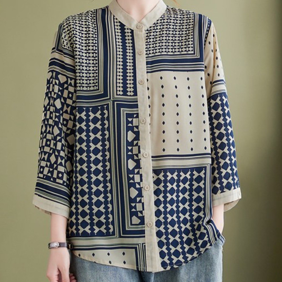 퀸앤조이 미녀77 지오메트리 차이나넥 셔츠 블라우스***판매자 SSK무역*** 32,800원