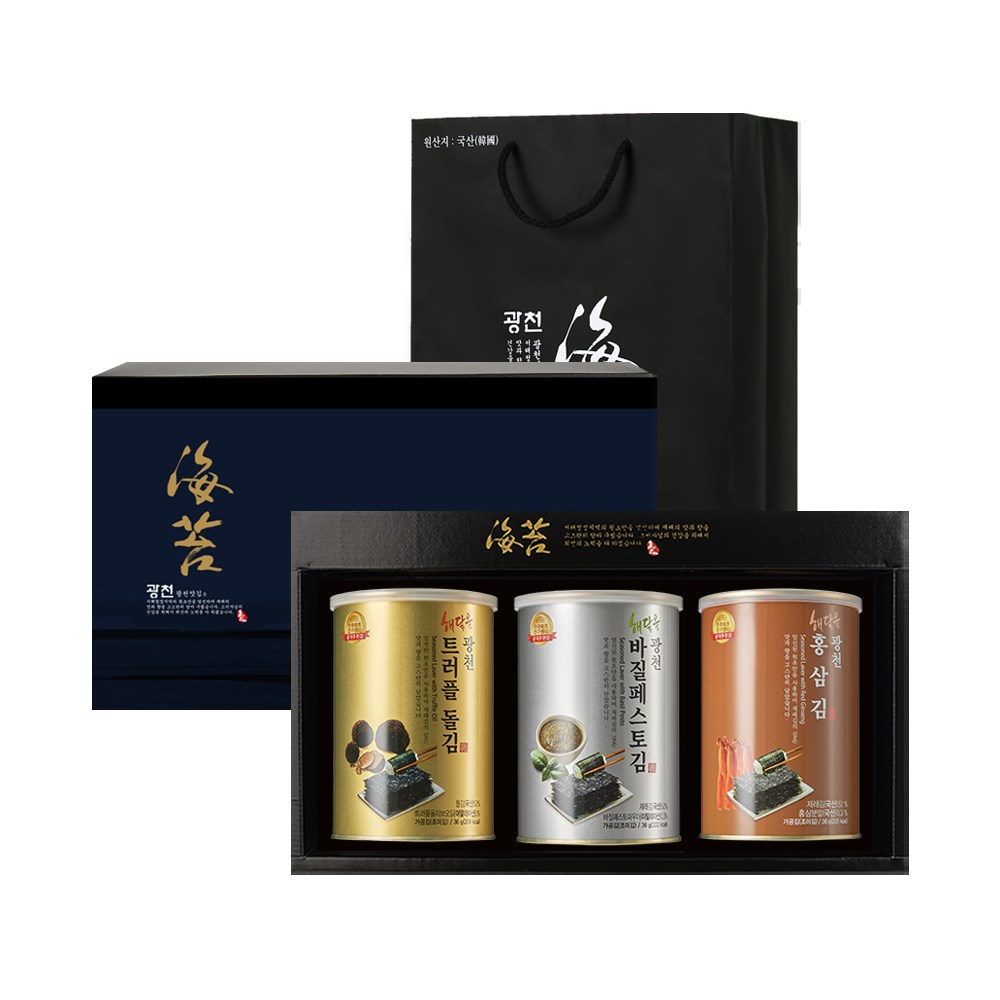 명품 해달음 광천 트러플 아보카도유 홍삼 재래김 도시락캔김 고급 답례품 쇼핑백포함 3캔 선물세트, 10세트 236,000원