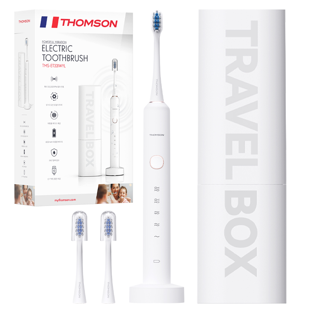 프랑스 톰슨 프리미엄 소프트 케어 IPX7 방수 초미세모 음파 전동칫솔 칫솔모 2개 + 충전거치대 + 케이스 세트 109,000원