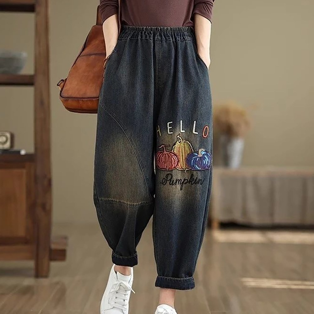 로르카 여성 자수 허리 밴딩 데님 배기팬츠 루즈핏 캐주얼 데일리 바지 F01031114 18,500원