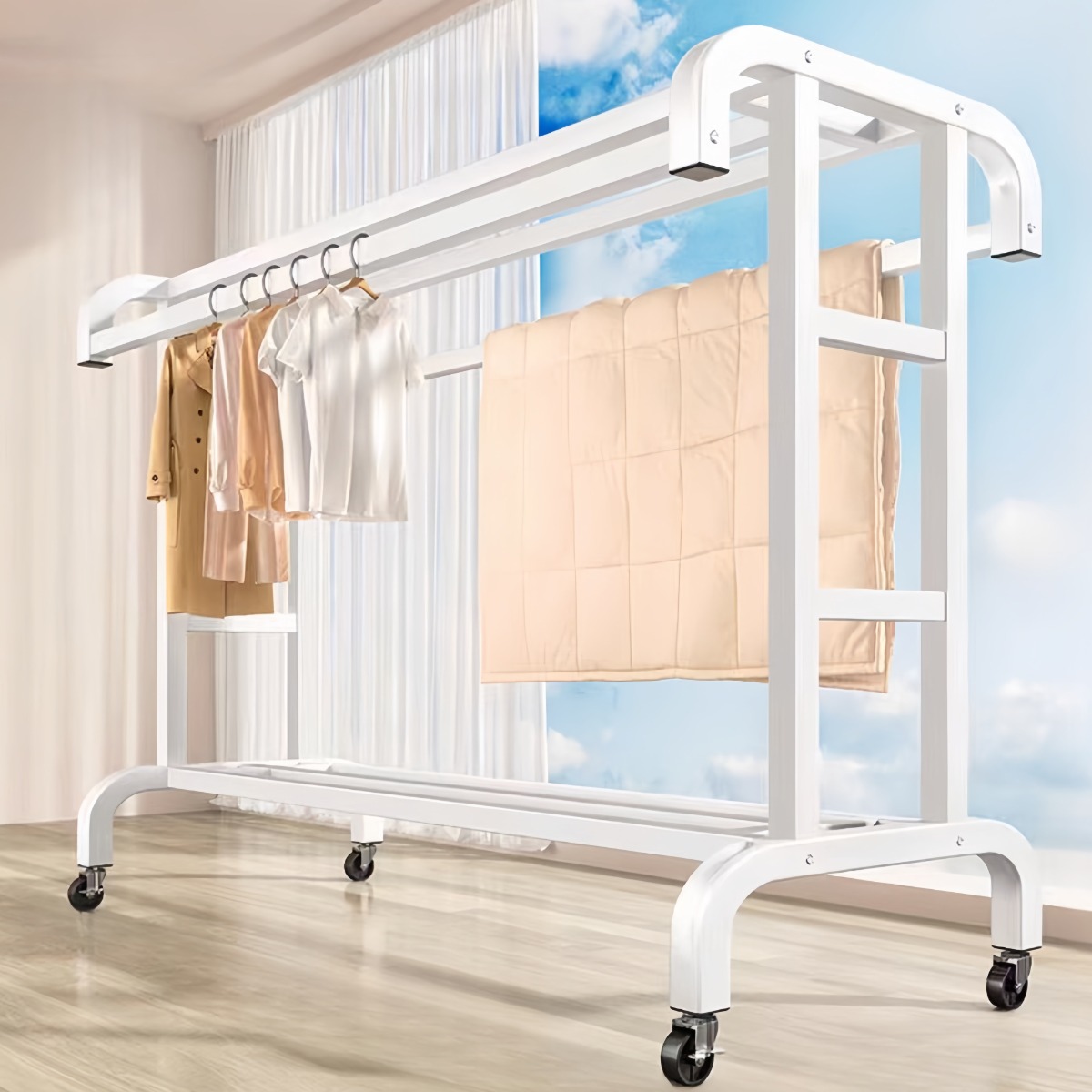 BILIMO 이동식 스탠드 조립식 행거 튼튼한 2단 철제 바퀴 달린 옷걸이 행거, 화아트 50,900원