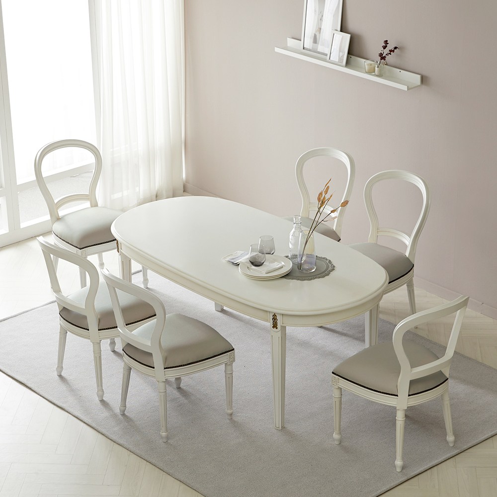 피어젠가구 크램드 프렌치 엔틱 6인용 타원 원목 식탁 세트 화이트 1,800,000원