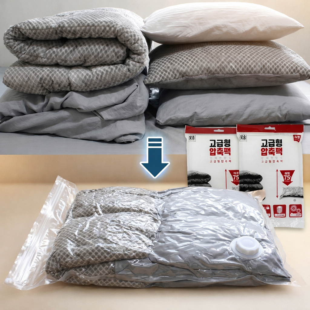 [공간 활용] 1평공간 부피순삭 초강력 진공 압축팩 이중지퍼 이불 옷 18,700원