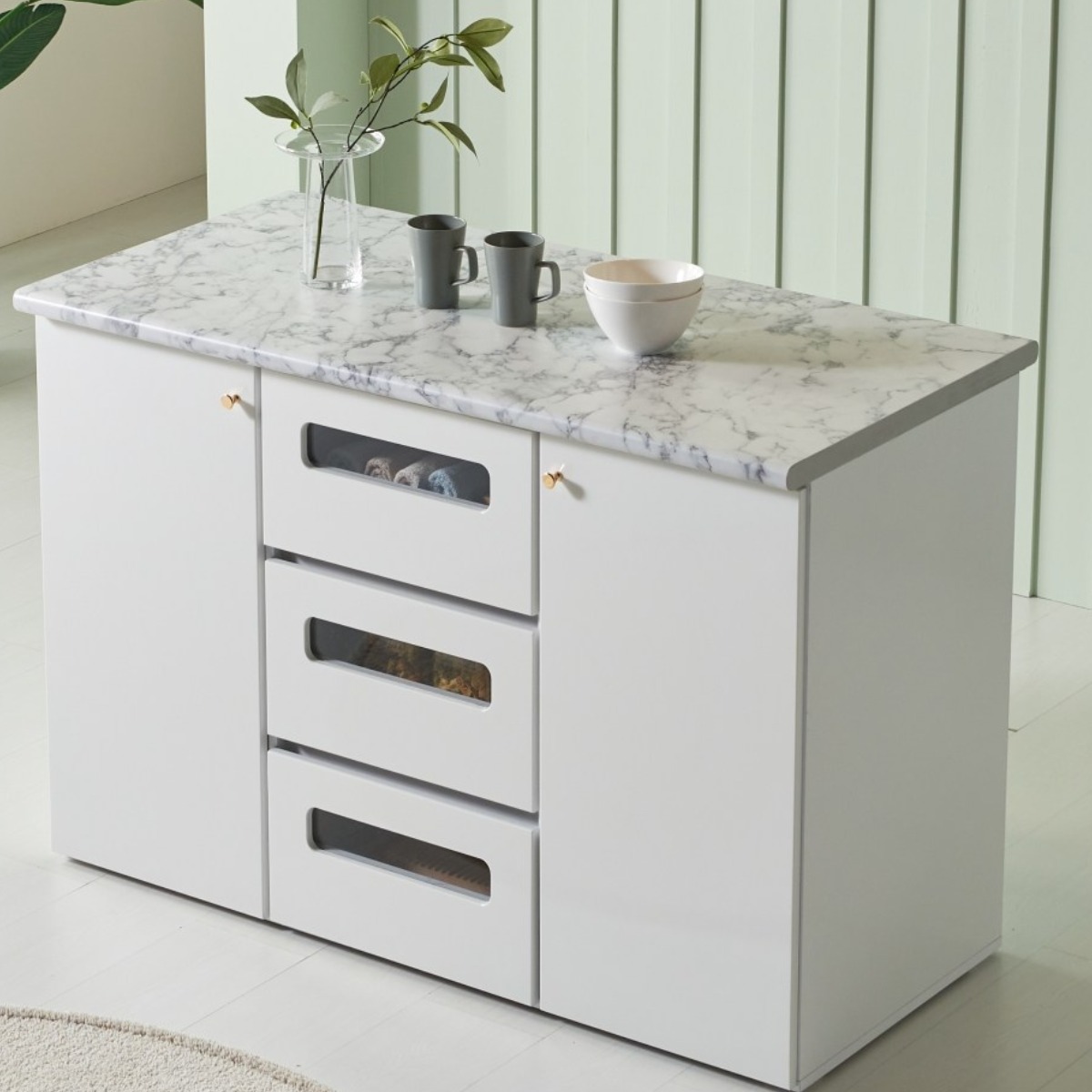 원피엘가구 아일랜드 조리대 주방 수납장 보조 조리대 아일랜드 식탁 장, 대리석상판 239,000원