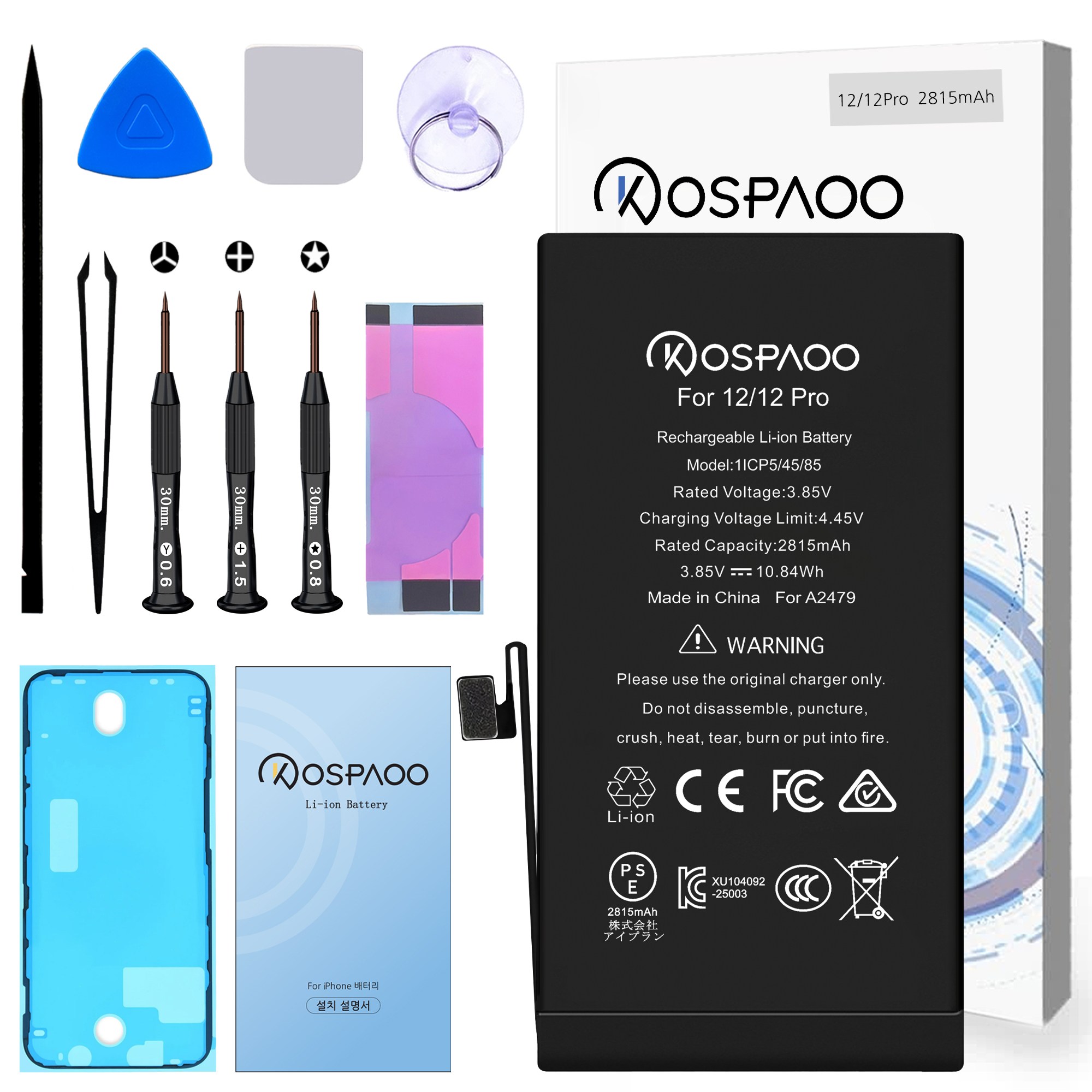 For iPhone 12/12 Pro 배터리 표준용량2815mAh A2479배터리 한국어 설명서 KC인증 Li-ion Battery (For Tool), 1개, iPhone 12/12 Pro 배터리，분해 도구 포함 28,500원