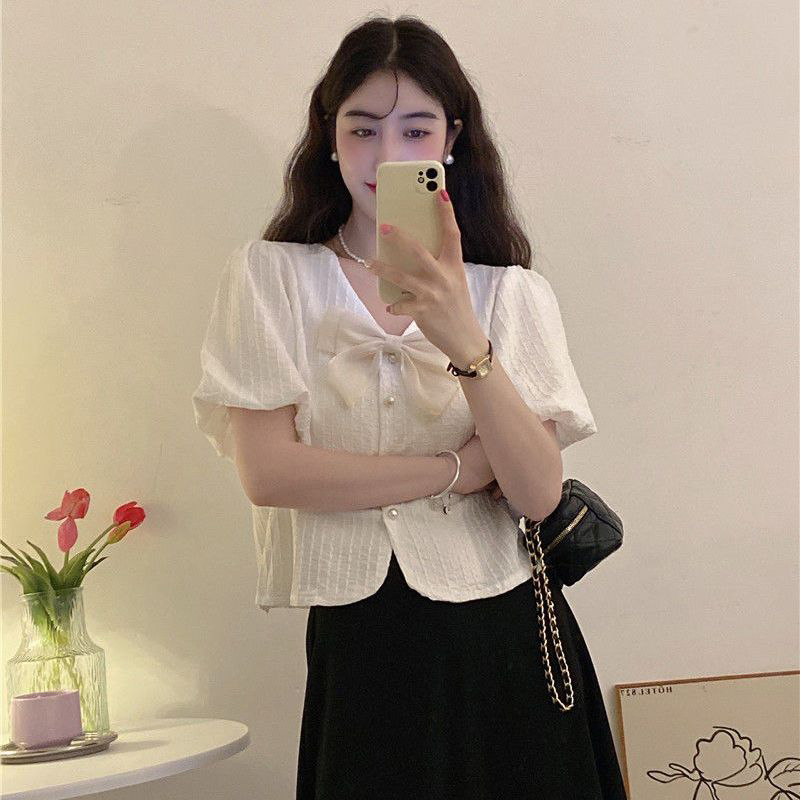 IWMAFT 여성 여름 브이넥 리본 단추 반팔 블라우스 러블리 퍼프소매 데일리 상단 HY179 16,900원