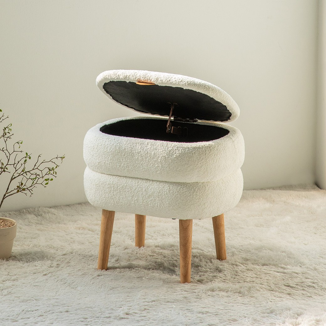 인블루 부클레 원목 폼폼 스툴 수납 화장대 패브릭 카페 보조의자, 1개, 화이트 60,500원