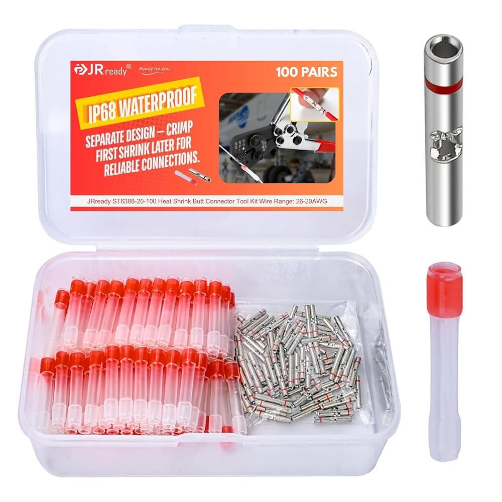 JRready 100쌍 와이어 커넥터 크림프 IP68 방수 레드 열 수축 버트 커넥터 MiniSeal 26-20AWG 터미널 구리 버트 스플라이스 M81824/1-1 절연 3: 93,000원