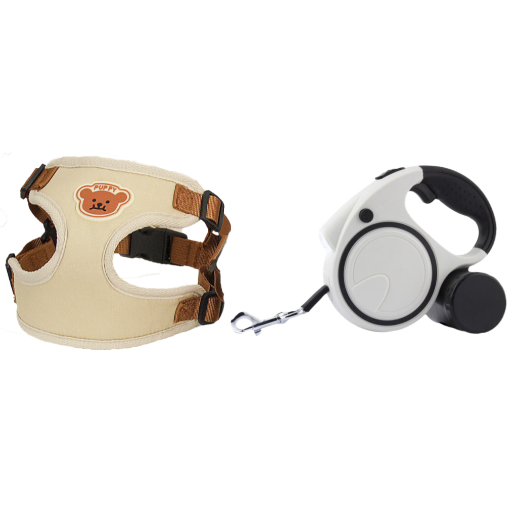 강아지 H형 하네스 세트 자동 LED 리드줄 5M 목줄 패키지, 1세트, 베이지+LED 자동리드줄 34,900원