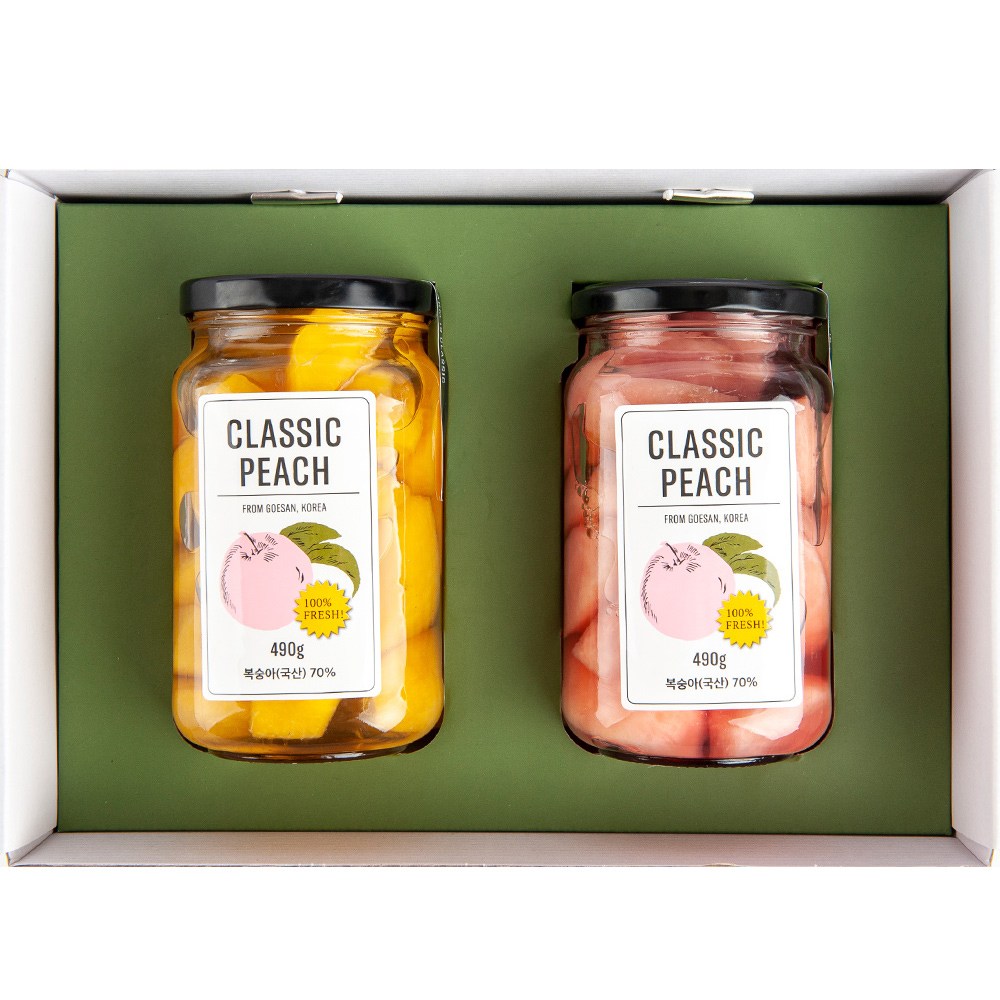 국내산 복숭아 병조림 2병 선물세트 황도 백도 핑크백도 복숭아통조림 유기농설탕, 황도+핑크백도 SET 30,000원