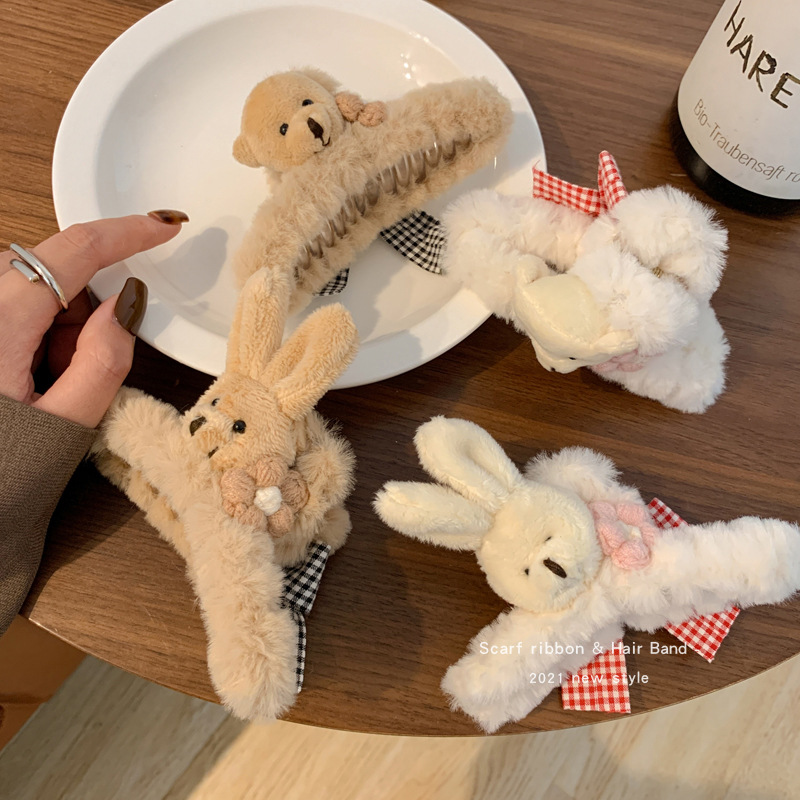 AZMON [2종세트] 러블리 곰돌이 토끼 리본 밍크 헤어 집게핀 털 머리 장식 11,000원