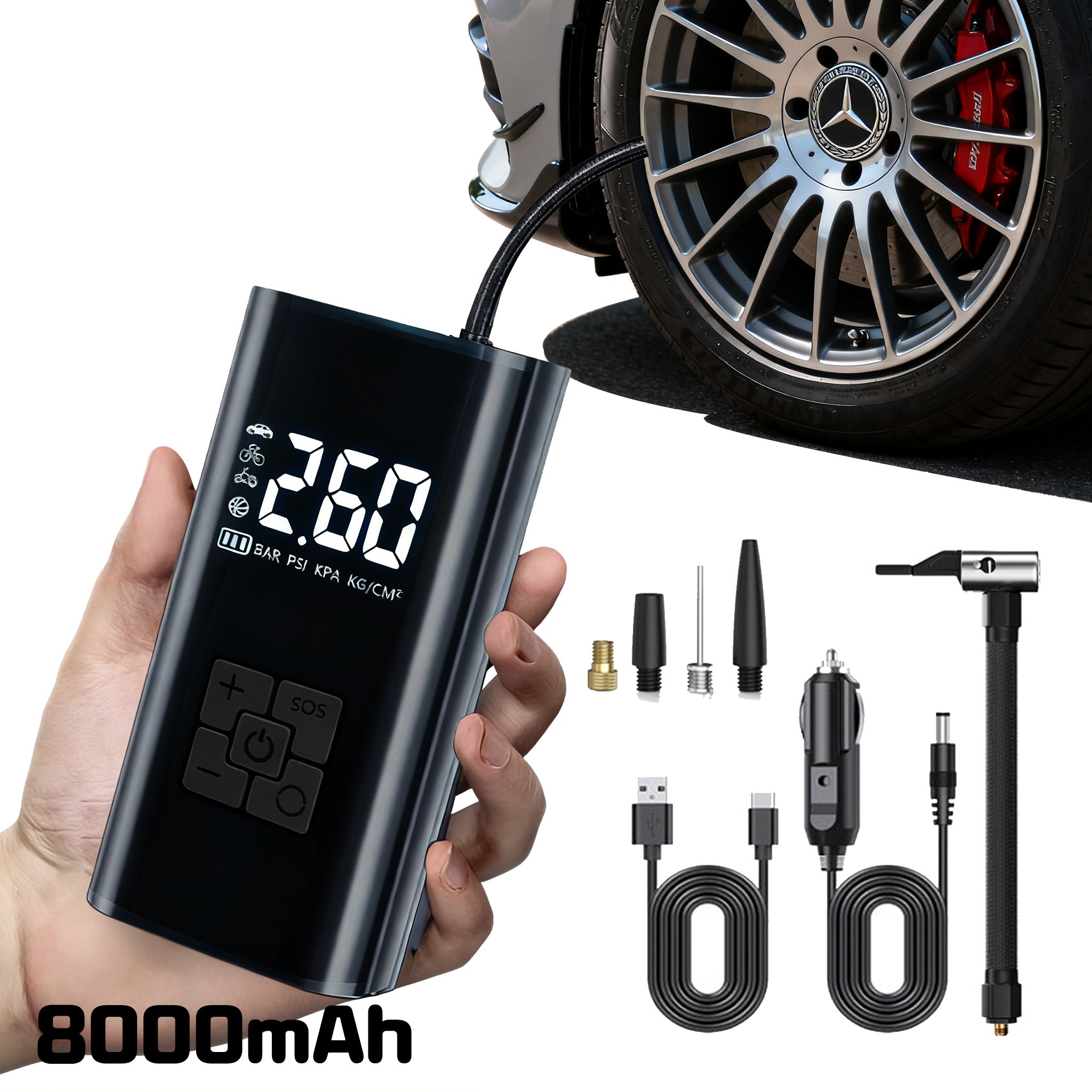 타이어 공기압 주입기  휴대용 무선 올인원  세트 6000mAh  타이어 압력 모니터링/led손전등/보조배터리/자동차 농구공 자전거 오토바이 다용도에어펌프 42,800원