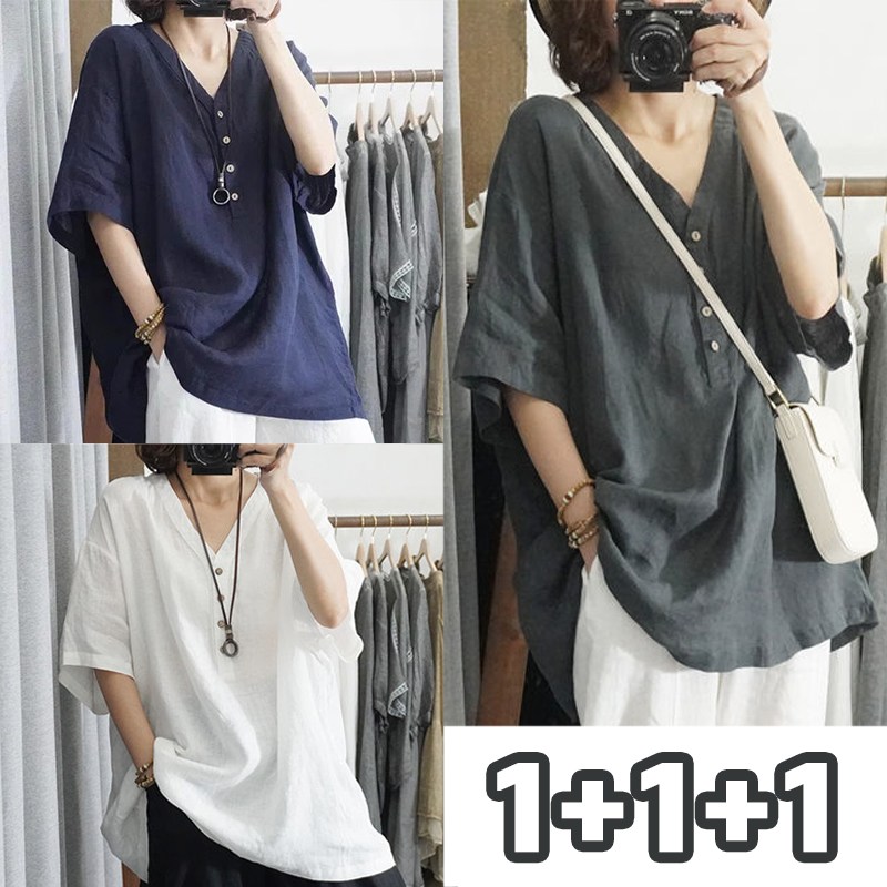 1+1+1 여성 여름 브이넥 린넨 반팔 셔츠 블라우스 빅사이즈 5부 오버핏 면 마 버튼 반팔티  데일리룩 3종세트 32,880원