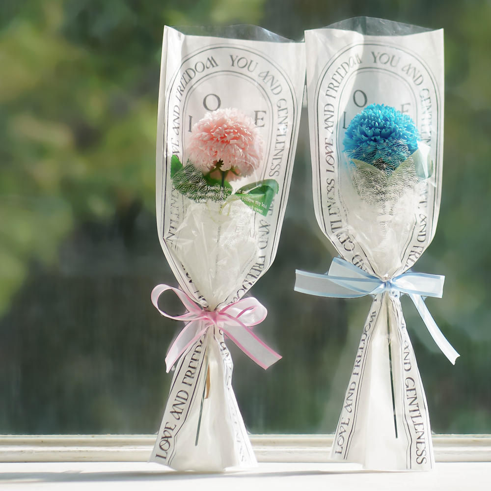 아스파시아 비누꽃 클레오 퐁퐁 카네이션 한 송이 꽃다발 2p + 메세지픽 2p + 쇼핑백 2p 세트 9,900원