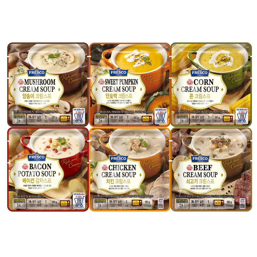 오뚜기 프레스코 180g 스프 6종세트(양송이크림+단호박크림+콘크림+베이컨감자+치킨크림+쇠고기크림), 6개, 180g 13,500원