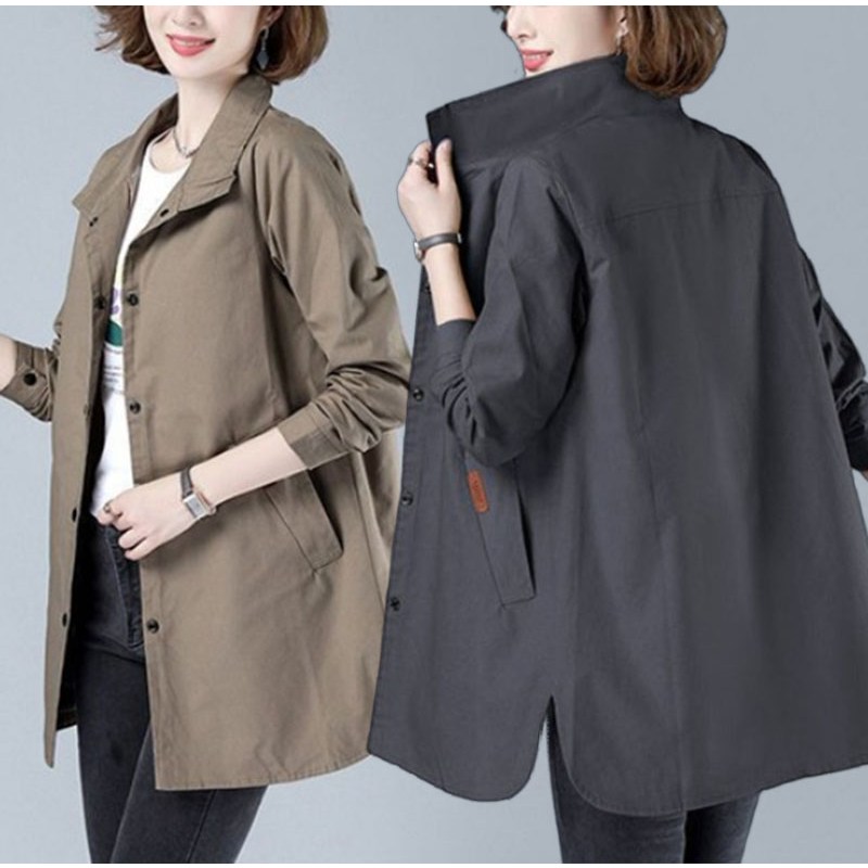 JUSTFEELING ~7xl까지 빅사이즈 중년여성 봄 가을 셔츠 트렌치코트 하이넥 포켓 밑단동근 바람막이 자켓 4050대 엄마코트 아우터 트렌치 자켓 점퍼 20,950원
