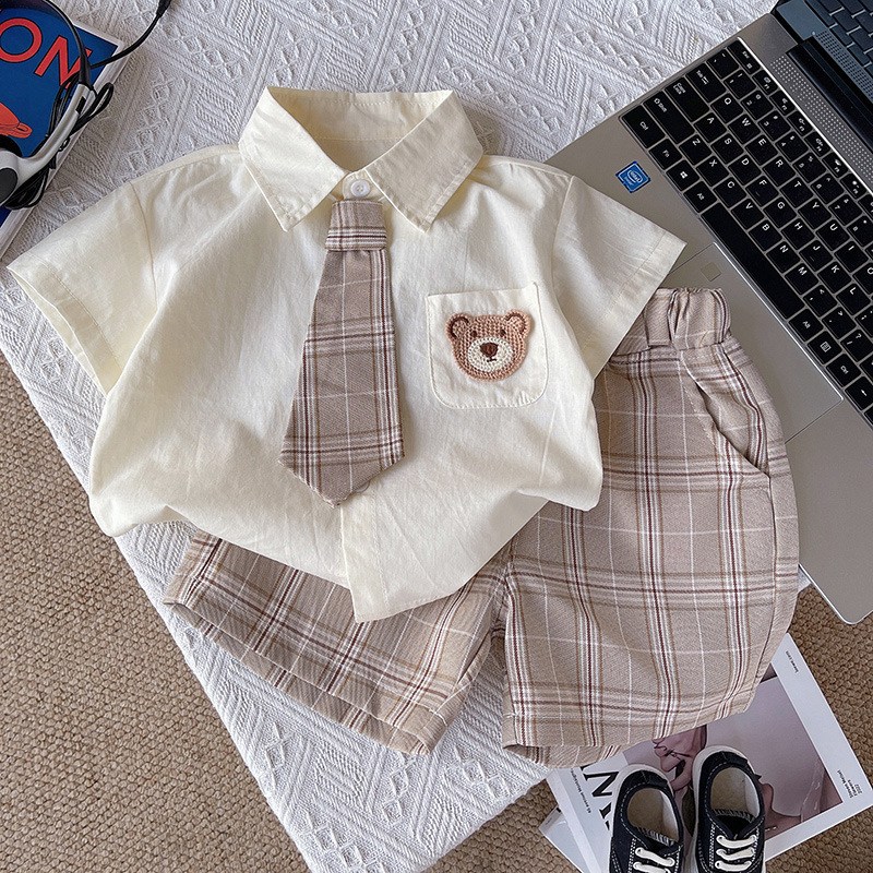 [당일배송]뽀뽀뽀 아동복 유아 체크타이 상하복 여름 정장 세트 타이 포함 캐주얼 곰돌이 아동 키즈 하객룩 21,900원