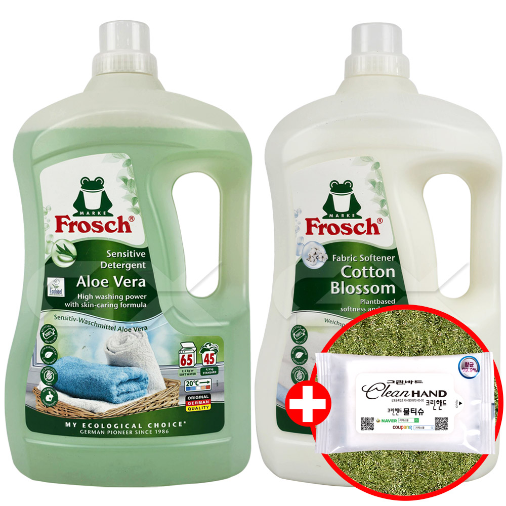 프로쉬 세탁세제 알로에베라 3L+섬유유연제 코튼블라썸 3L+클린핸드물티슈, 1세트 31,990원