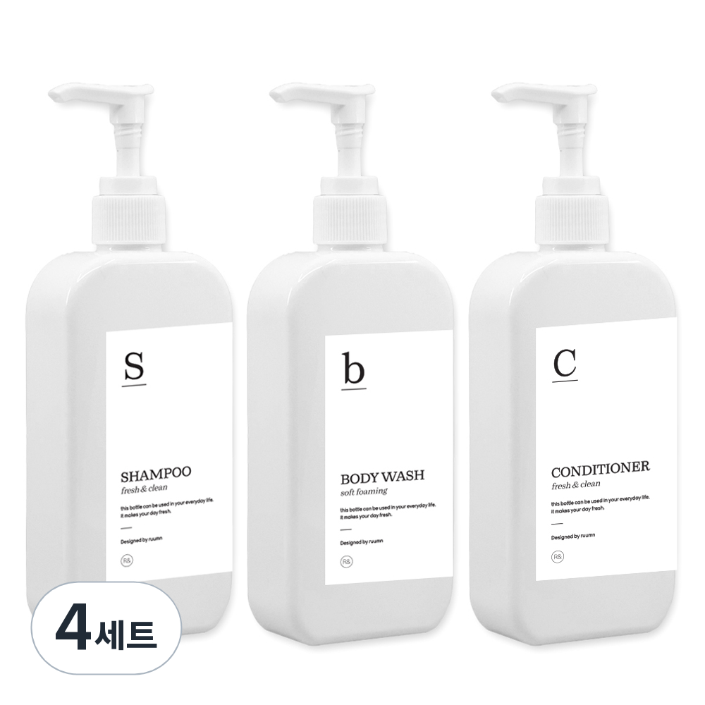 뉴앤룩 욕실 주방세제 리필용기 일반펌프 300ml x 3p + G샴푸 바디워시 컨디셔너 라벨 3종 세트, 화이트, 4세트 34,800원
