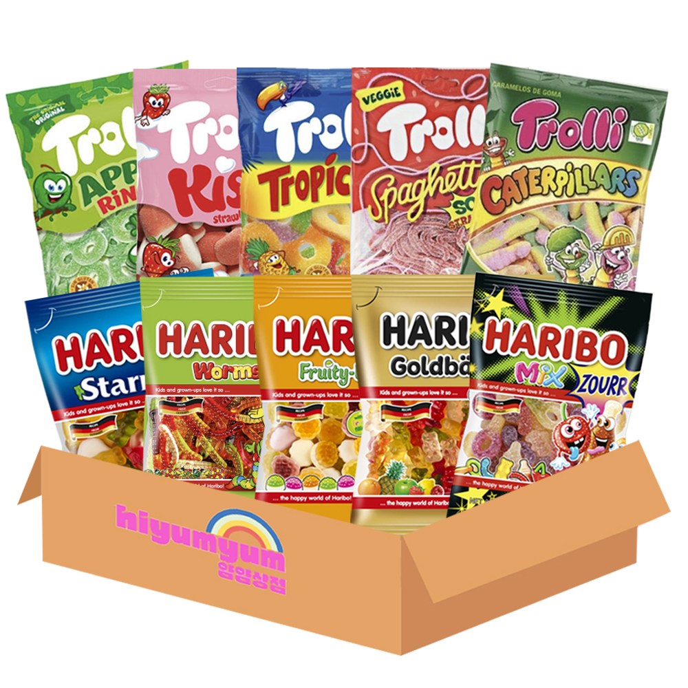 젤리모음 10종 하리보(스타믹스+웜즈+프루티부시+골드베렌+믹스사우어) 트롤리(애플향링스+트로픽오스+캐터필러+딸기스파게티사우어+트롤리키스) 21,000원