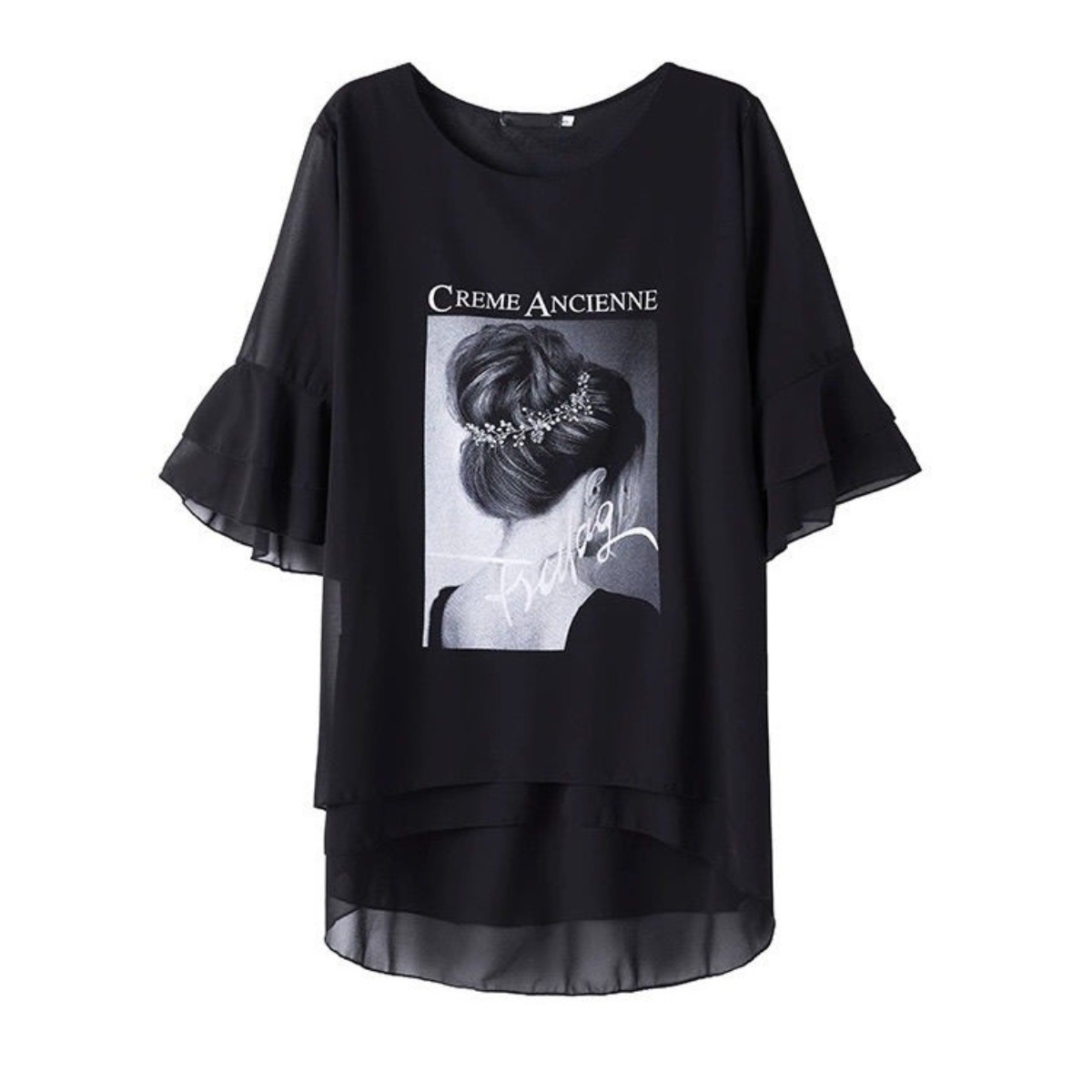 빅사이즈 여성 오버핏 쉬폰 반팔 티셔츠 캐주얼 프린트 언발 반팔티 데일리룩 19,900원