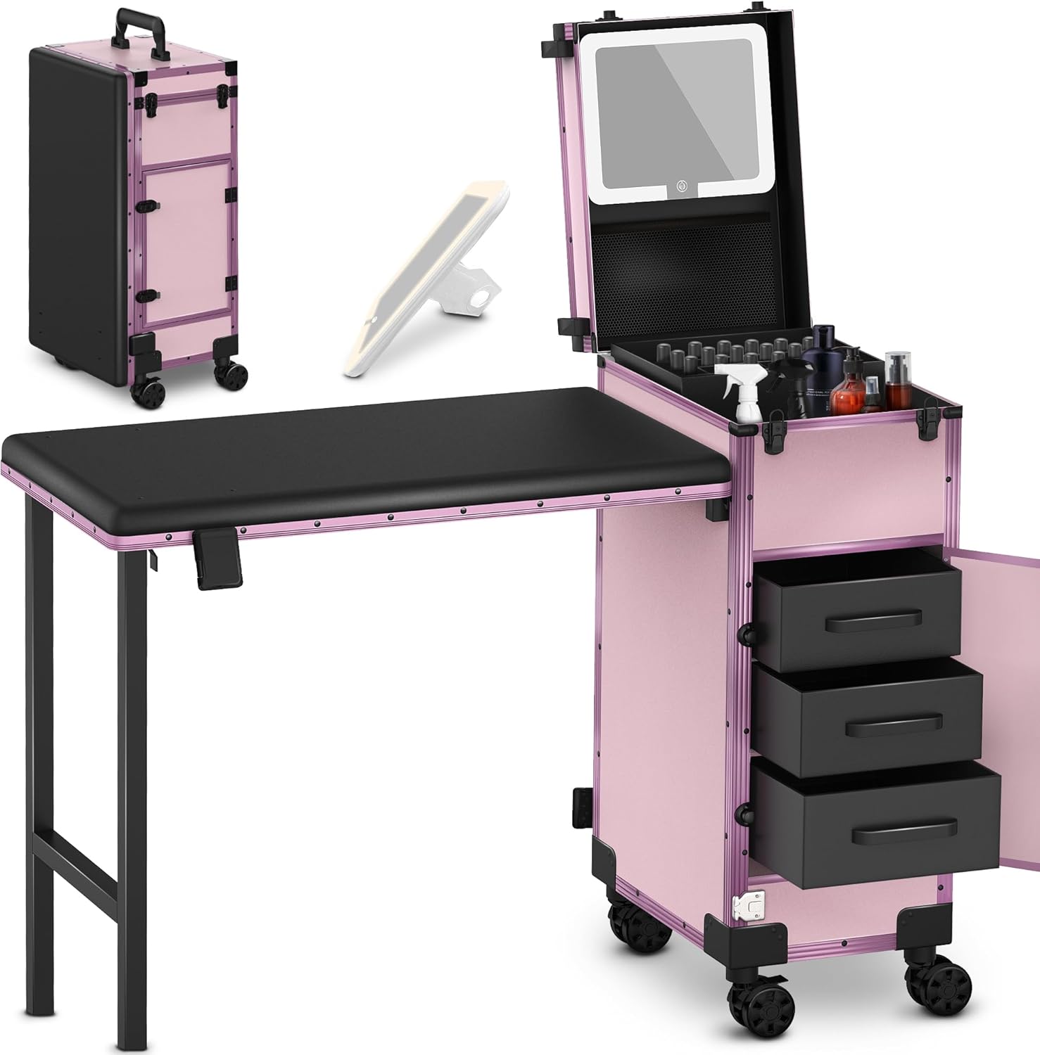 이지인뷰티 롤링 휴대용 매니큐어 테이블 3개의 수납 서랍 및 거울 잠금식 메이크업 트레인 케이스 접이식 네일 책상 - 모바일 테크 & 뷰티 살롱용 화장품 여행 블랙 769,510원