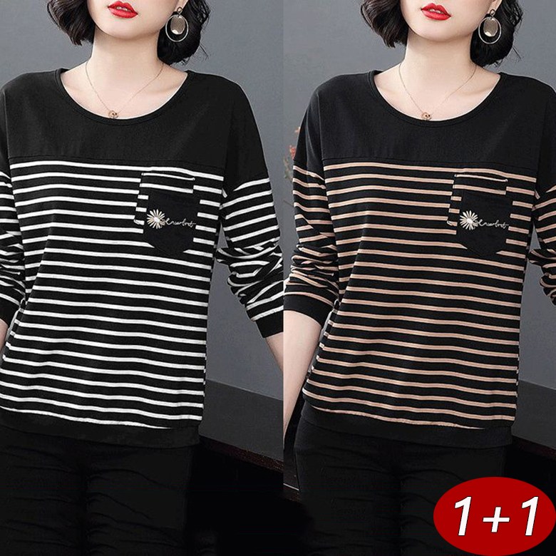 2장몪음 40대60대 긴팔티 봄가을 오버핏 빅사이즈 여성용 박시 라운드넥 스트라이프 캐주얼 풀오버 20,600원