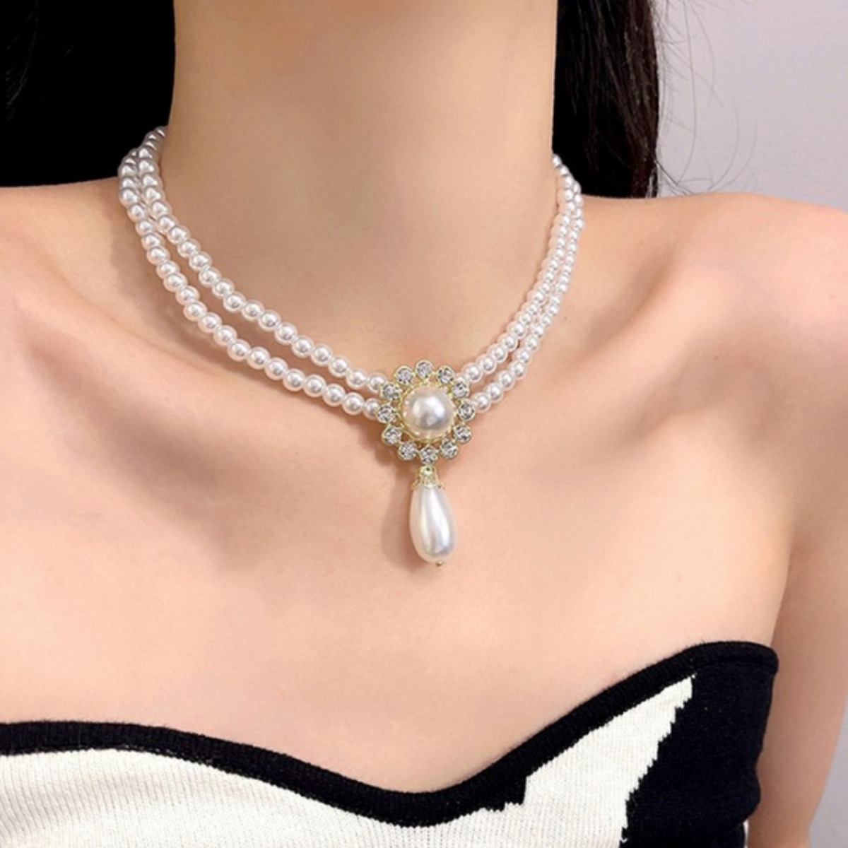 루바들 NP741 여자 진주 비즈 큐빅 레이어드 초커 패션 목걸이 20,000원