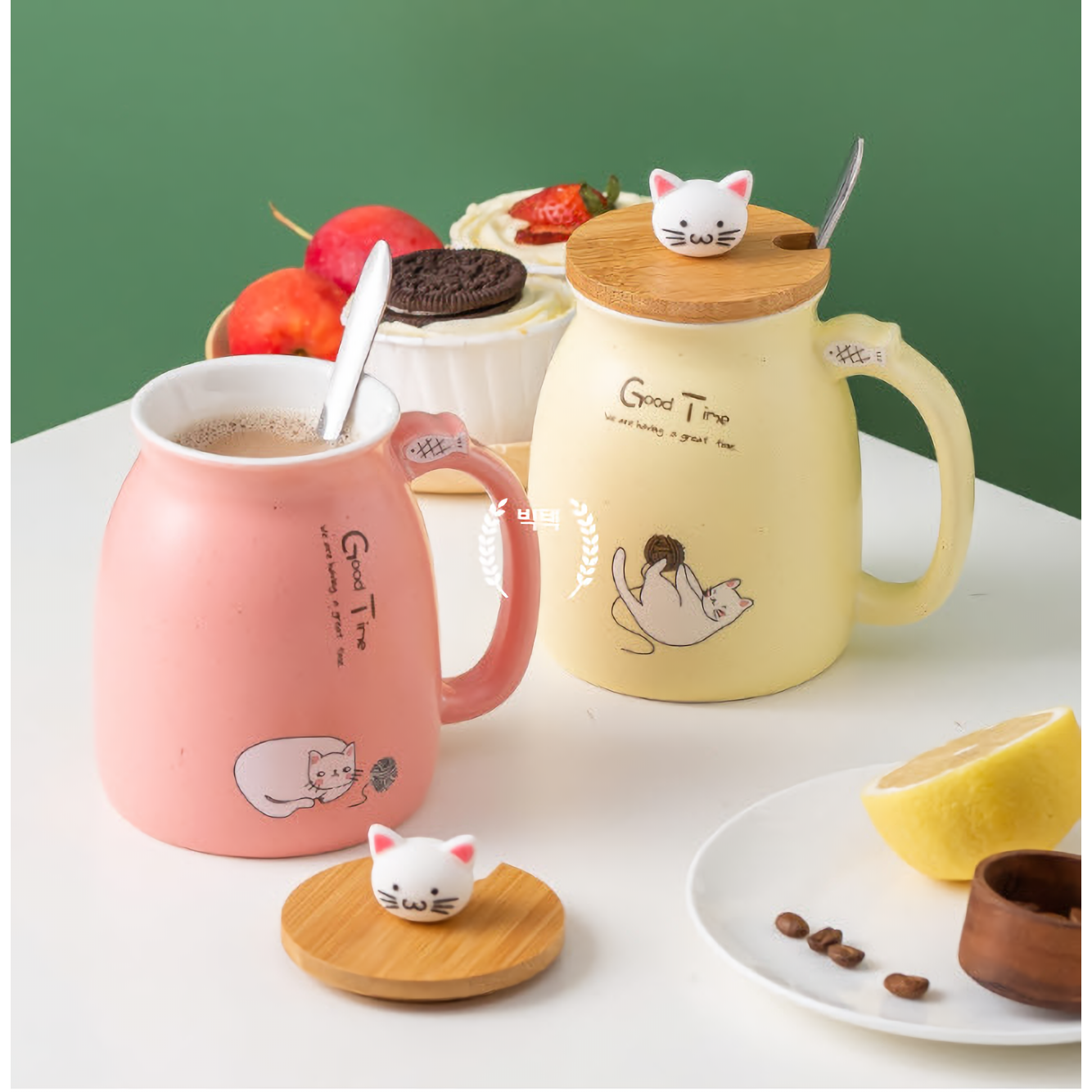 귀여운 예쁜 고양이 머그컵 세트 2종 선물, 핑크,노랑 세트, 1개 14,900원