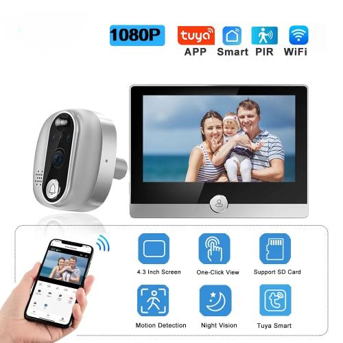 Tuya 비디오 초인종 1080P WiFi 틈 구멍 카메라 도어 벨 PIR 고양이 눈 보안 보호를위한 4.3 인치 홈 디지털 도어 뷰어 122,920원